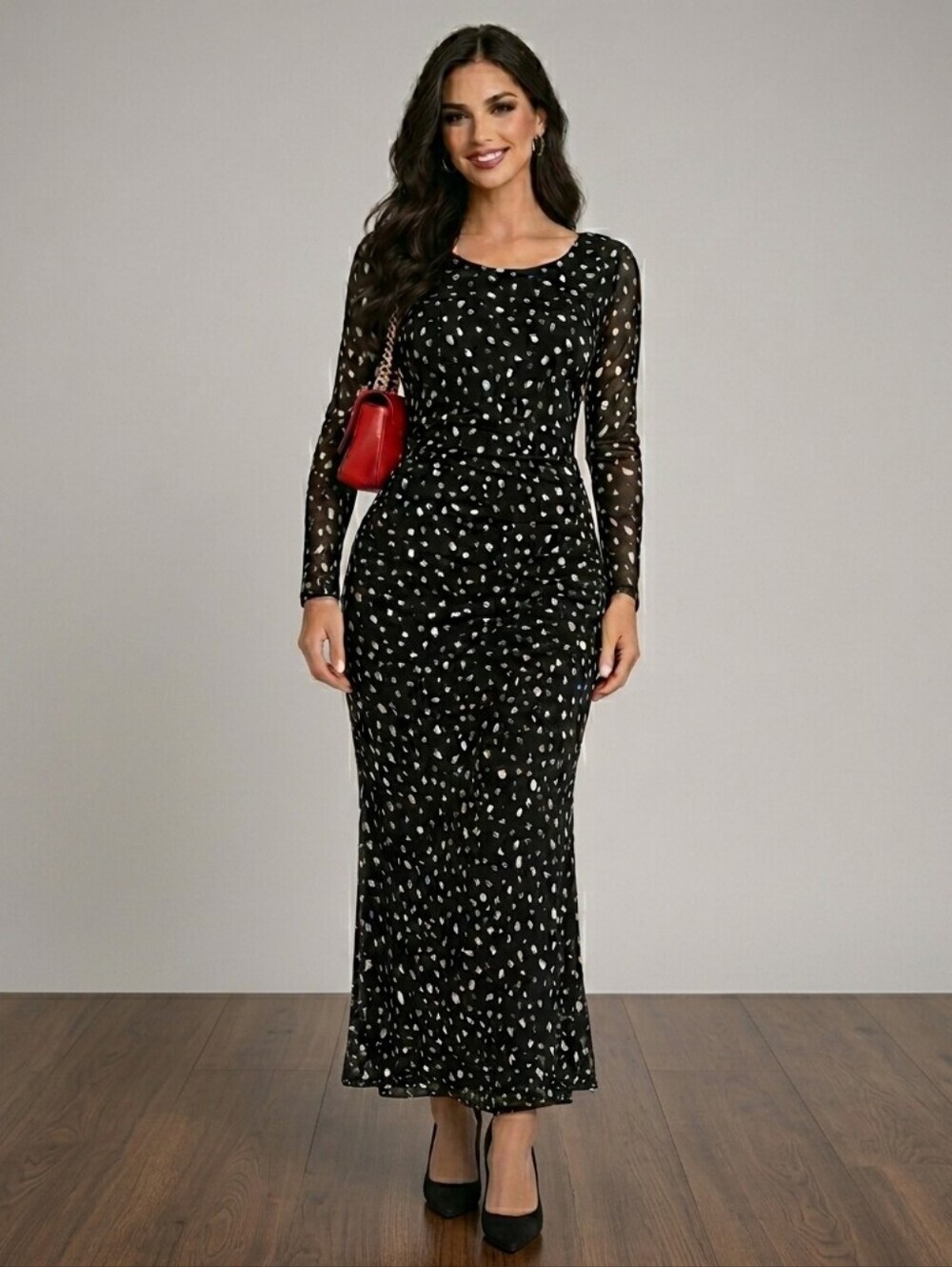 Rachel Zoe Black White Polka Dot Mesh Maxi Dress Size Medium